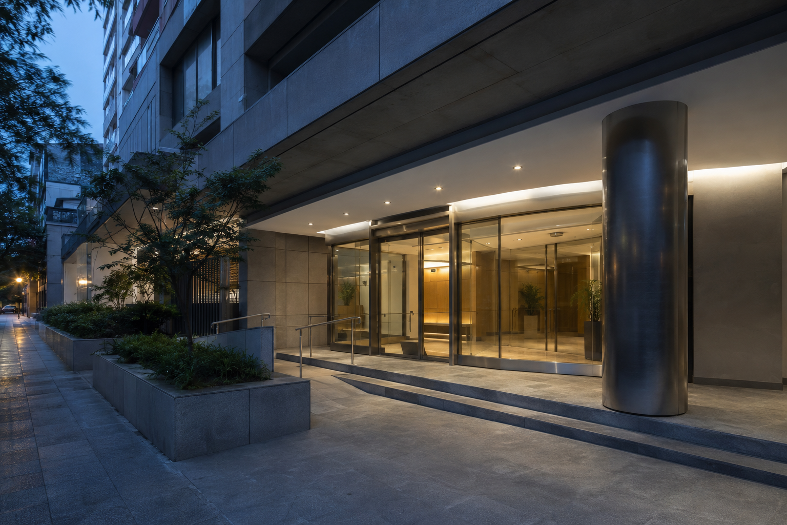 Entrada de un edificio moderno y cuidado